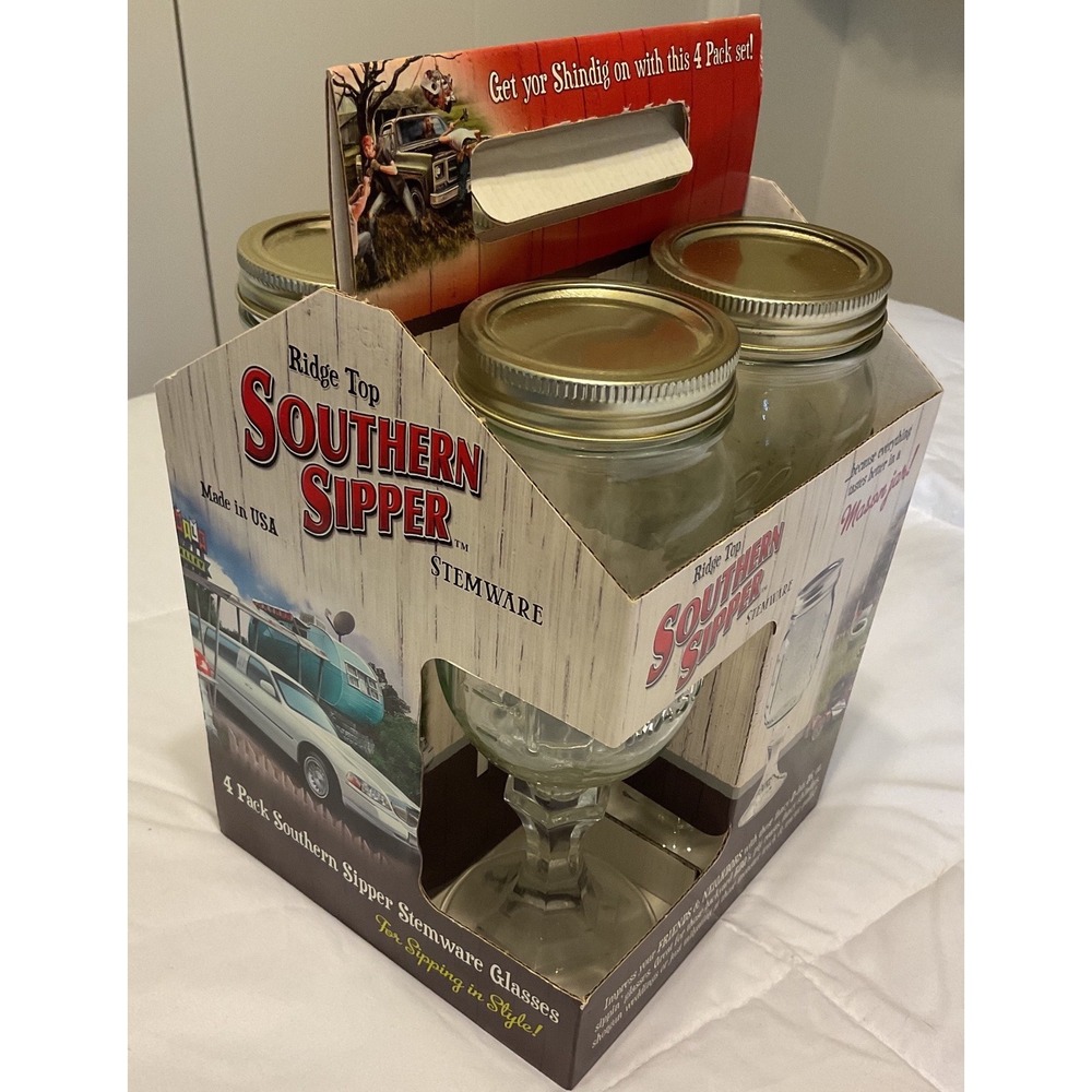 Ridge Top Southern Sipper Mason Jar Stemware 16oz Wine Glass 4 Pack Set USA Made